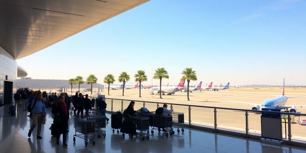 Aéroport Fès Saïss. Terminal moderne, avions et palmiers marocains.