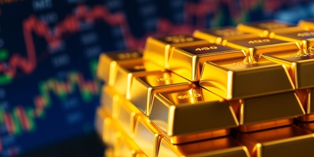 Barres d'or avec un arrière-plan flou de devises.