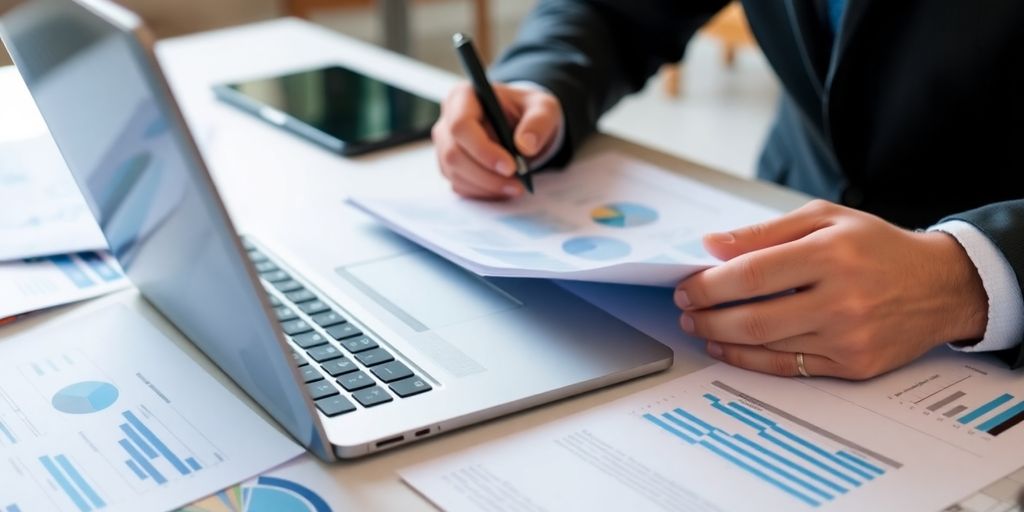 Financial analyst reviewing documents in a professional office setting.