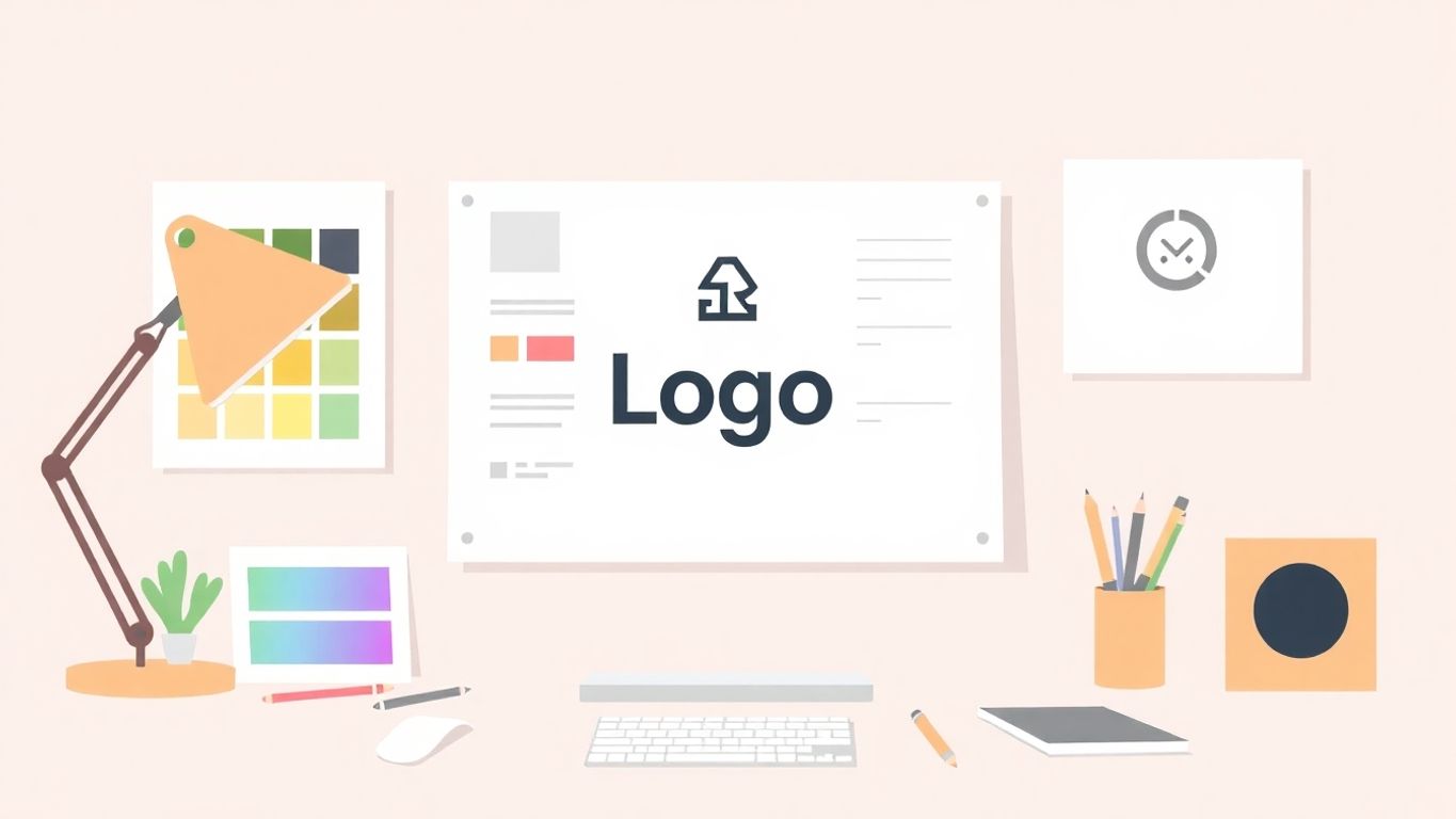 Illustrasjon av en kreativ arbeidsplass for logo-design.