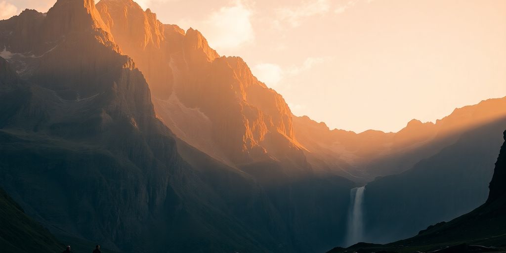 Montagne dorée avec des explorateurs à son pied.