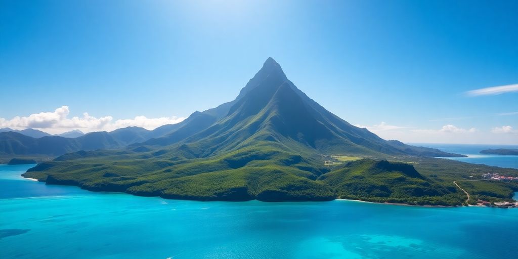Mount Otemanu peak above Bora Bora lagoon, drone view.