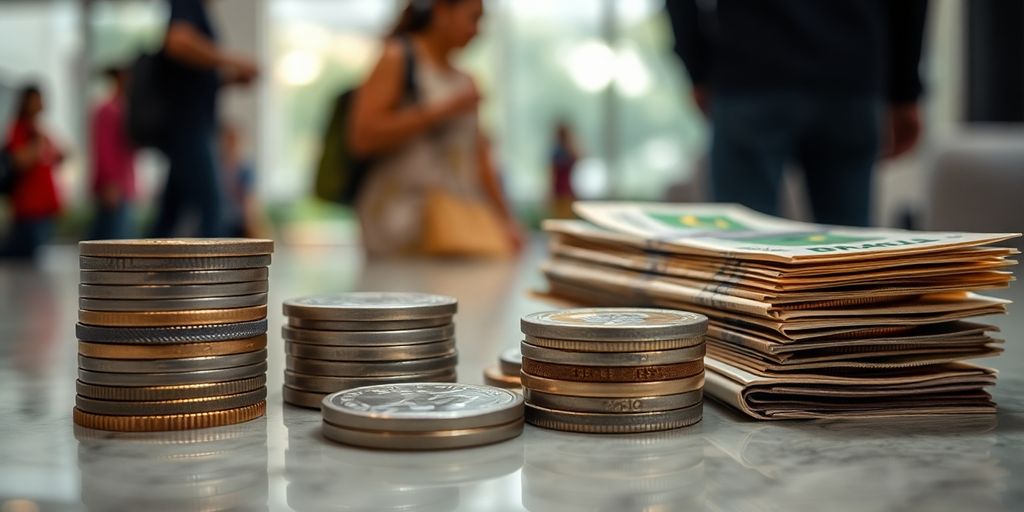 Pilhas de moedas e notas brasileiras com pessoas ao fundo.