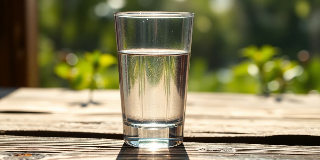 Clear glass of water on a wooden table.