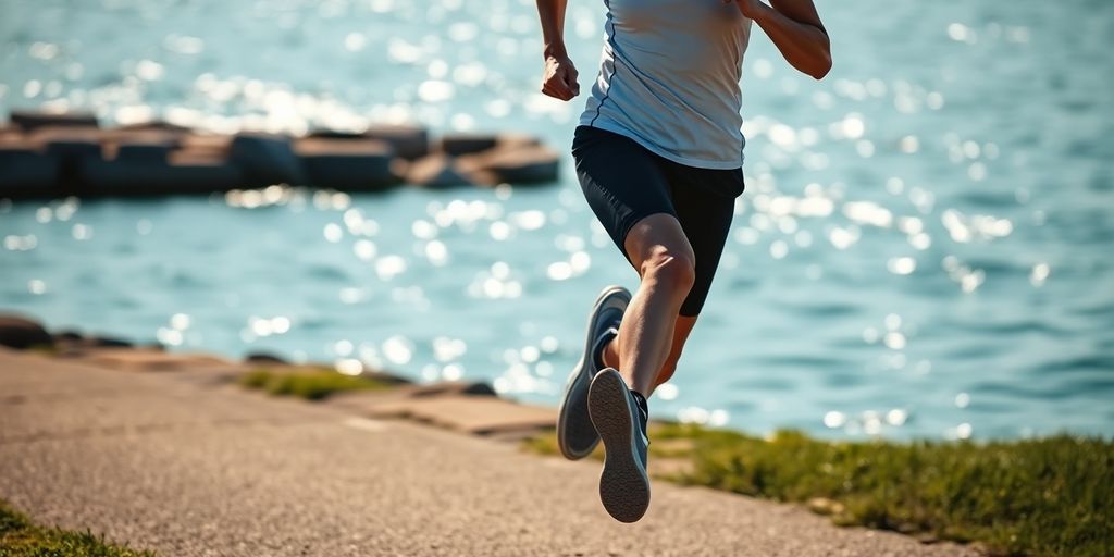 Runner pounding pavement with water splash in background.
