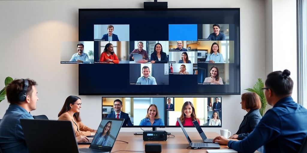 Participants engaged in a video conference call in an office.