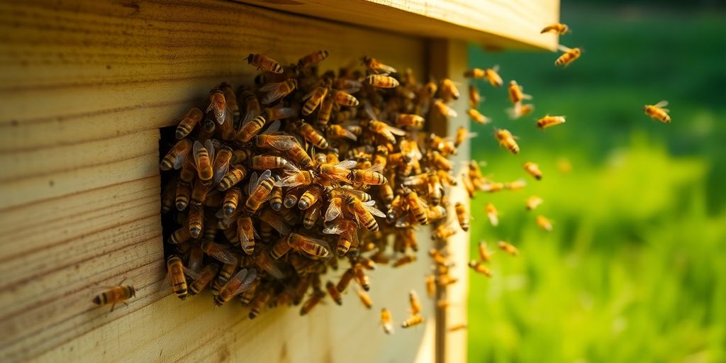 Essaim d'abeilles en vol près d'une ruche
