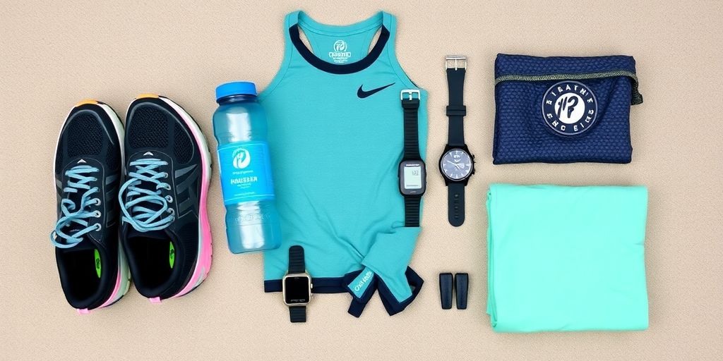Flat lay of essential half marathon running gear.