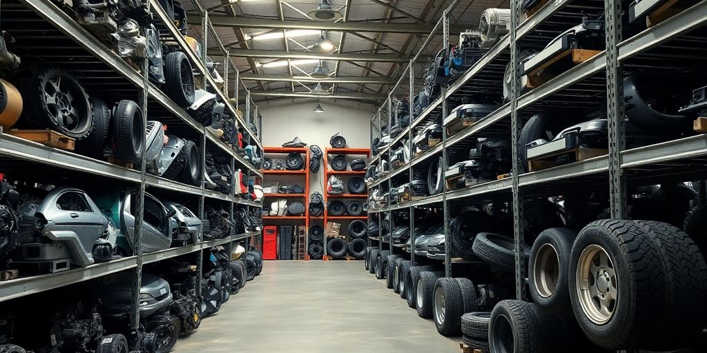 Used Skoda parts neatly organized within a warehouse.