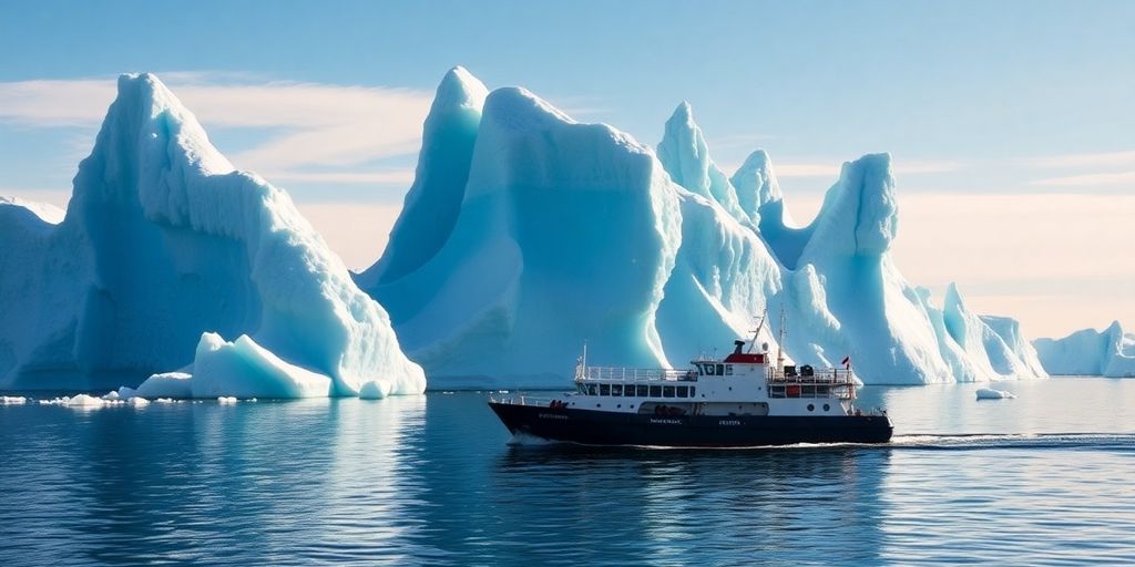 Expedition ship sailing past serene Antarctic icebergs.