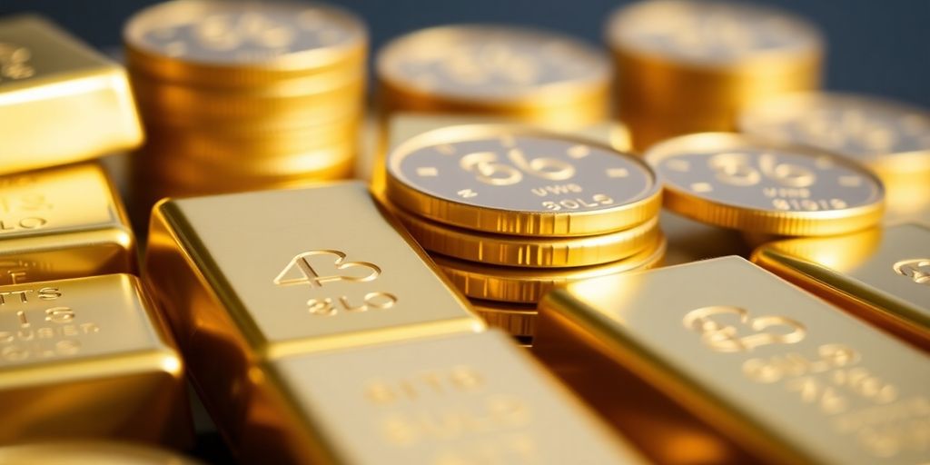 Des barres et pièces d'or brillantes sur une table.