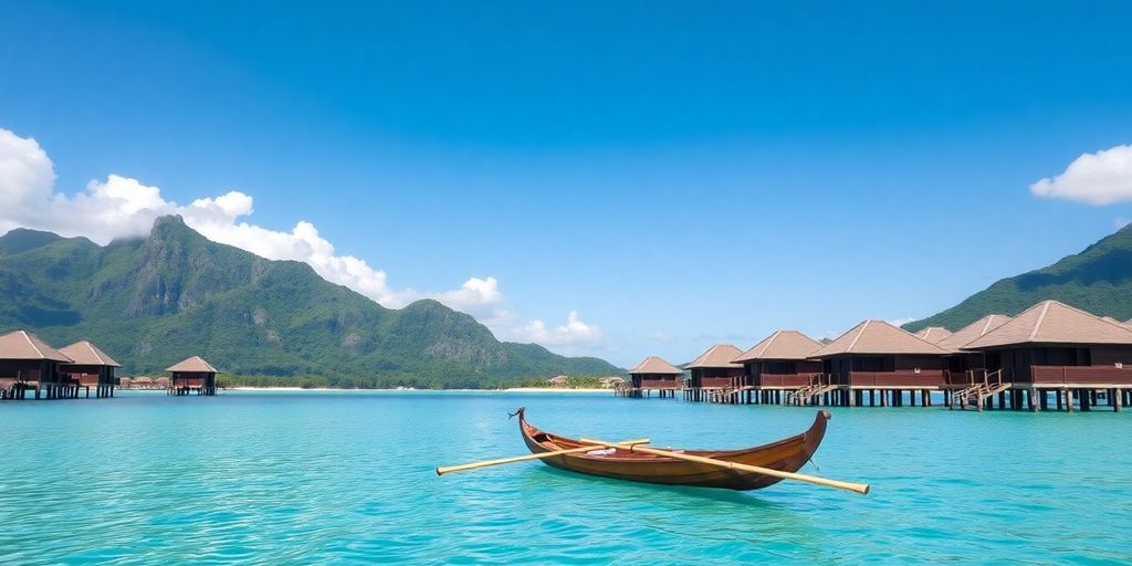 Overwater bungalows in Bora Bora lagoon.