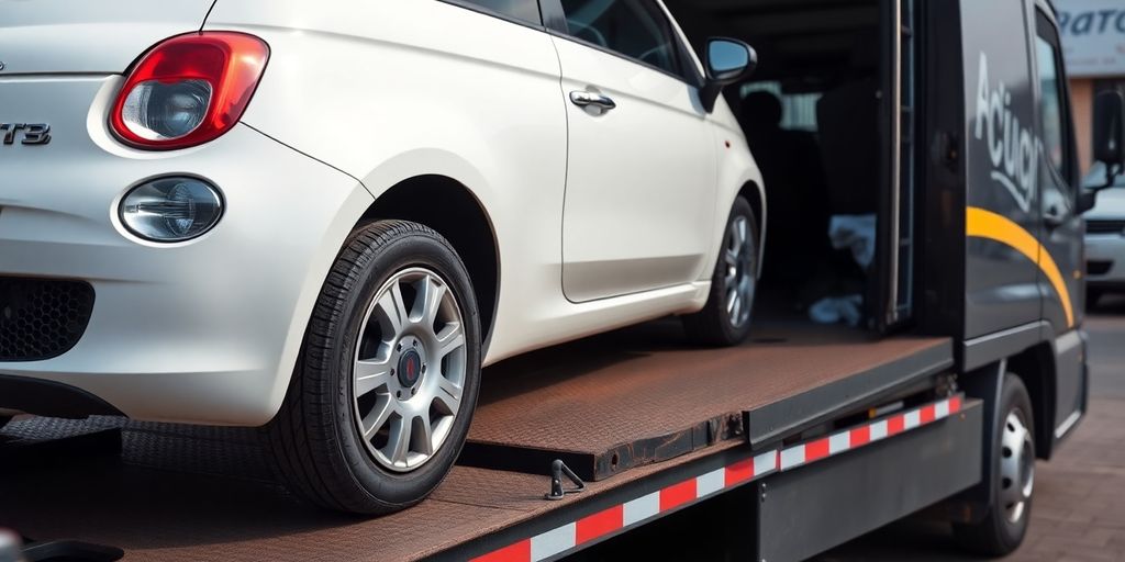 Fiat car being loaded onto a tow truck for recycling.