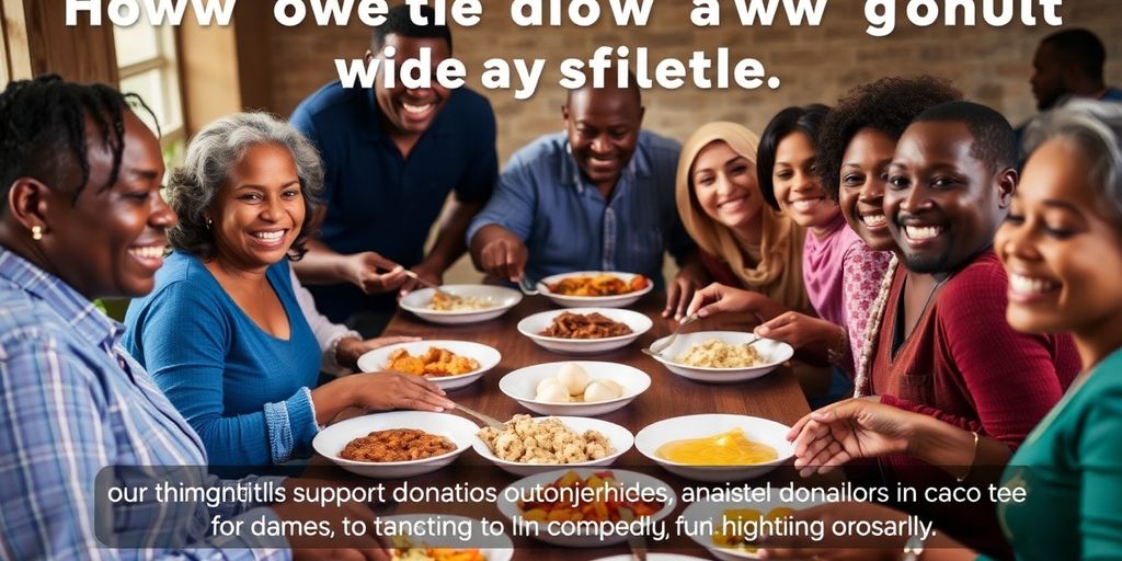 Grupo diverso compartilhando comida e sorrisos.
