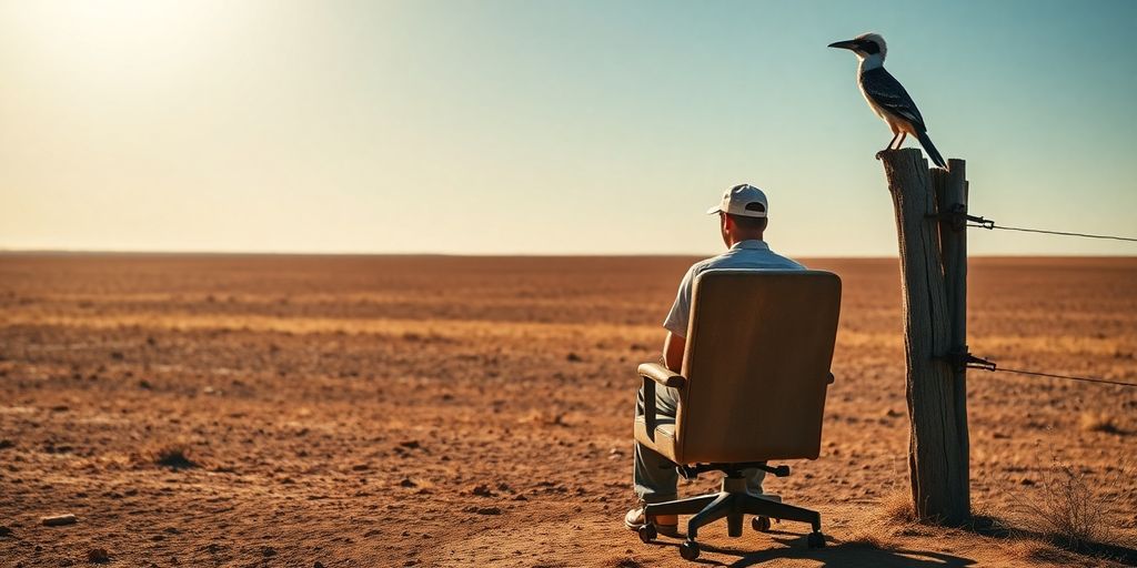 Outback office, stressed worker, kookaburra watches.