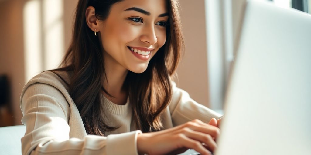 Femme souriante utilisant un ordinateur portable