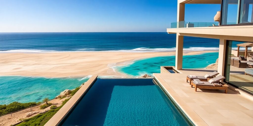 Luxury Cabo beachfront villa under a clear blue sky.