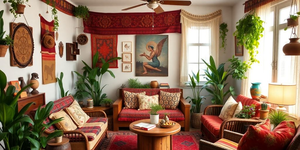 Colorful Bohemian decor with plants and eclectic furnishings.