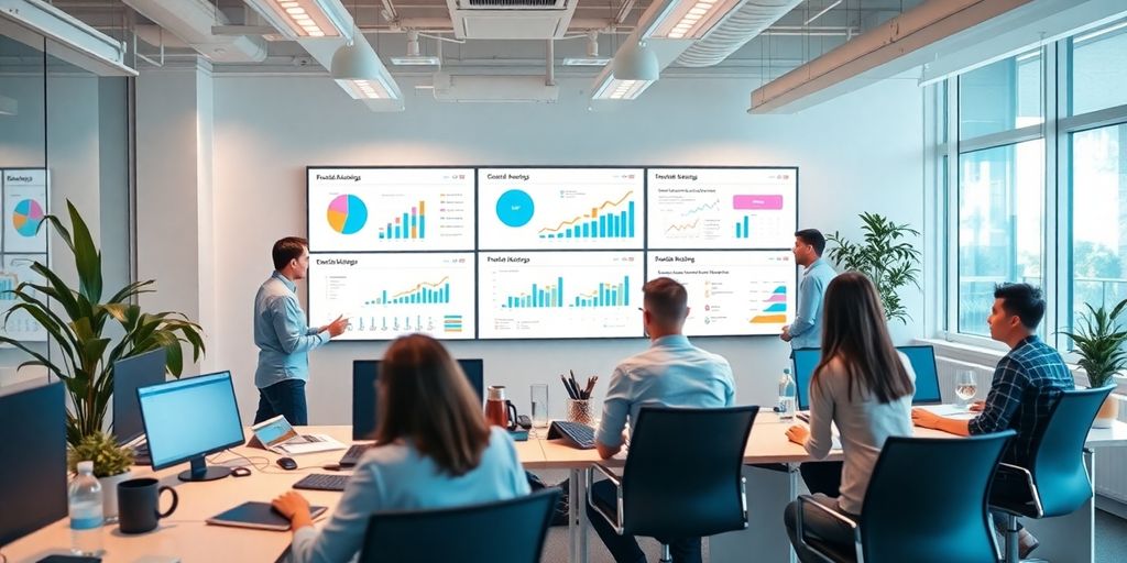 Profissionais de marketing digital em ambiente de escritório moderno.