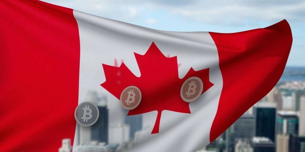 Canadian flag with digital currency symbols overlayed.
