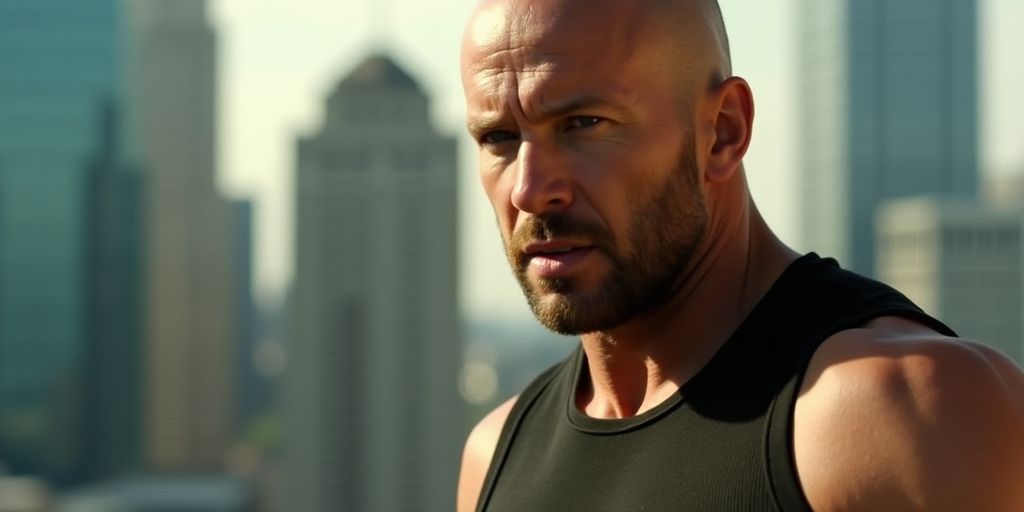 Jason Statham in an action movie scene with cityscape.