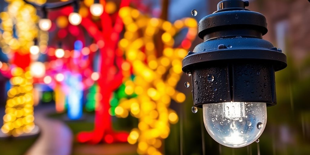 Waterproof lights illuminating outdoor holiday and landscape scenes.