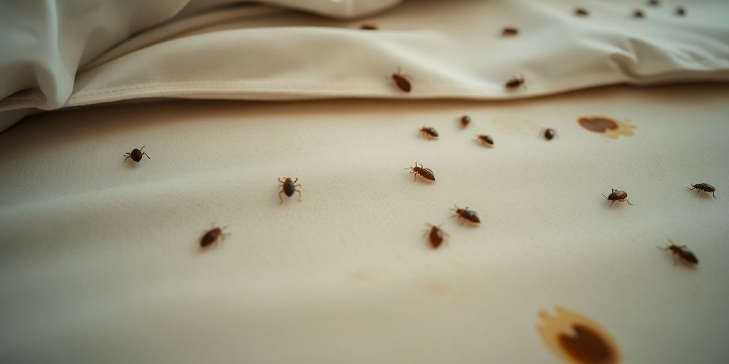 Close-up of bed bugs on a mattress.