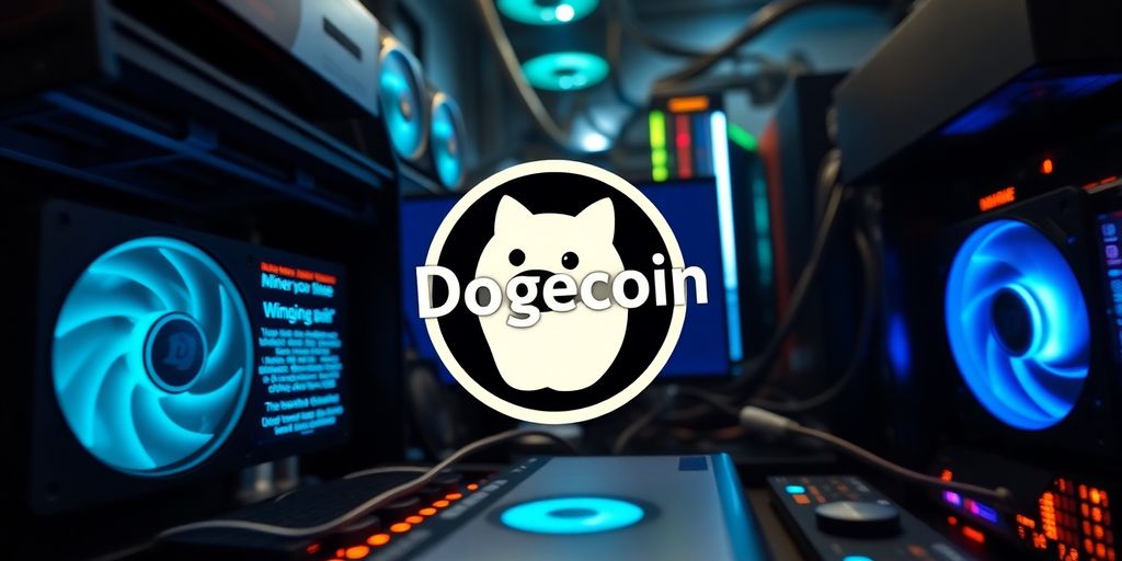 Dogecoin Mining Profits – Is It Still Worth It? 3 Mining setup with Dogecoin logo and equipment.