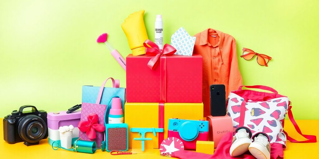 Trendy gifts for teens in a colorful arrangement.