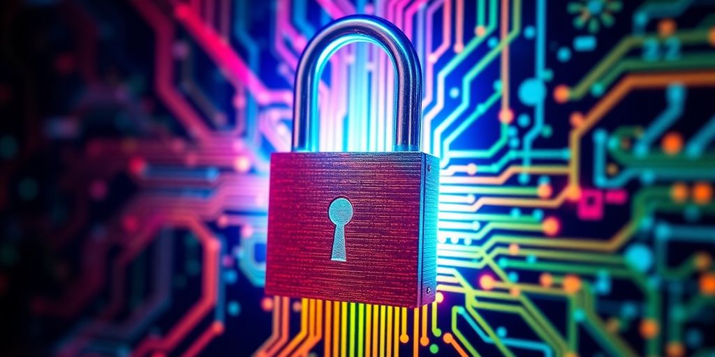 Digital lock on circuit board, representing cybersecurity solutions.