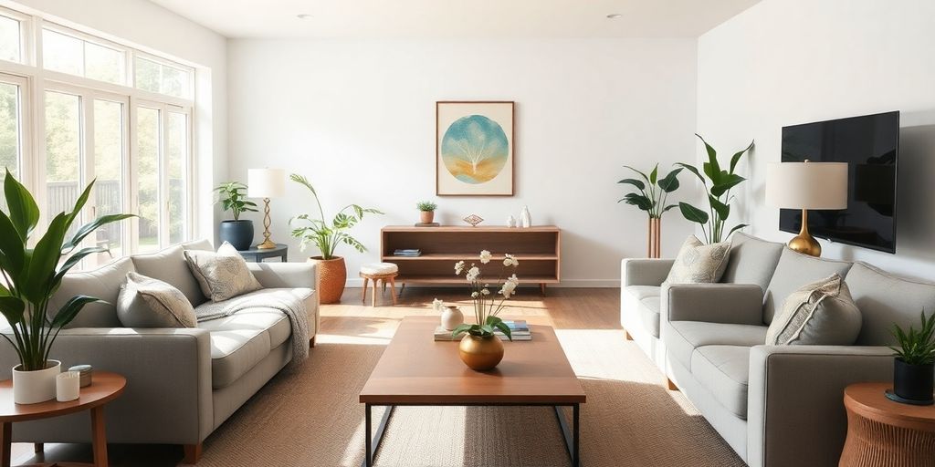 Minimalist living space with natural light and simple decor.