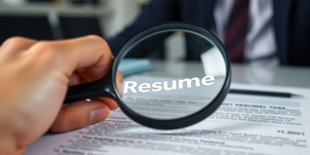 Magnifying glass over resume with glowing keywords.