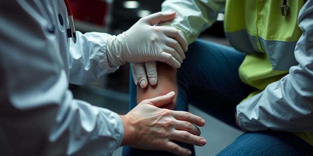 Injured person receiving medical attention after a car crash.
