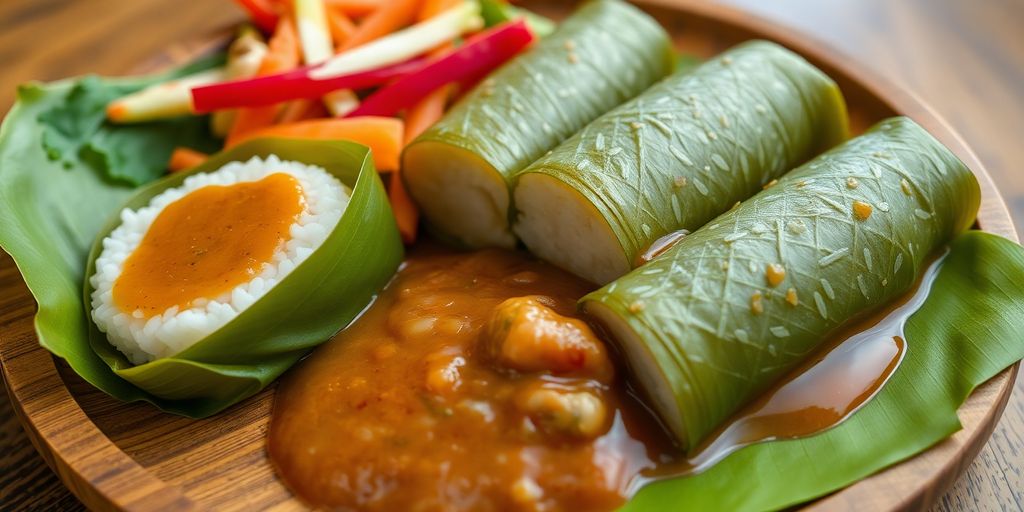 Kupat Glabed dengan saus kacang dan sayuran segar.