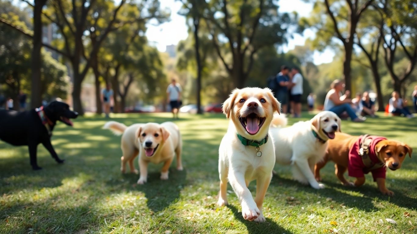 Playful puppies interact in a sunny Tamarama park