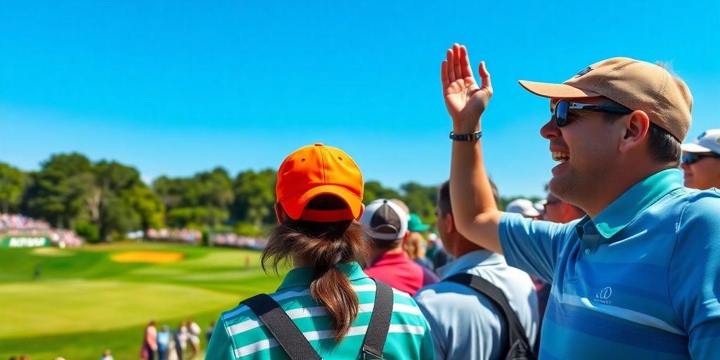 Golf fans cheering at a tournament on a sunny day.