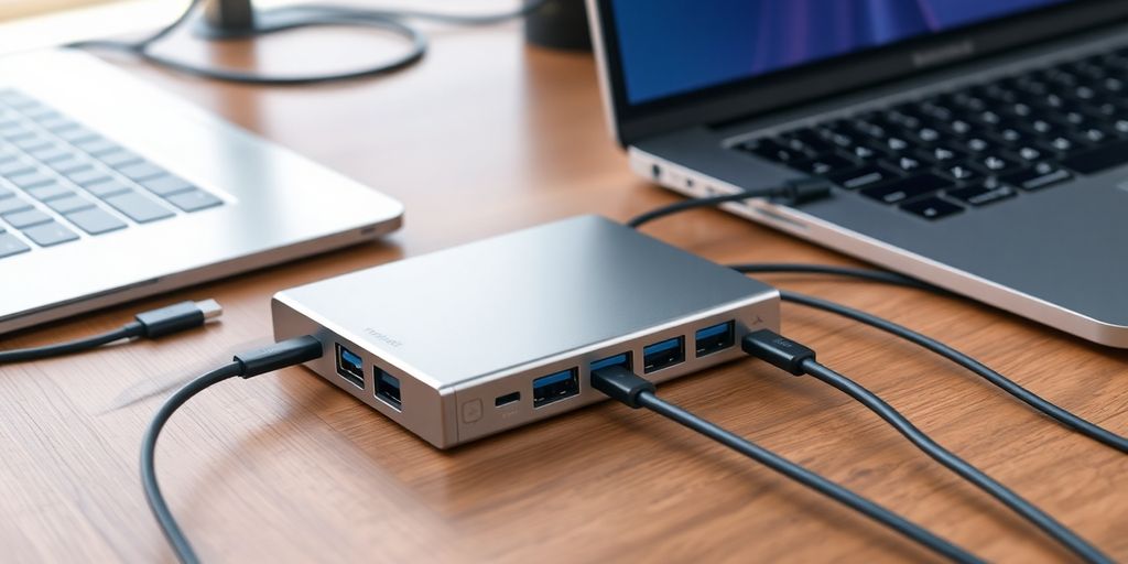 Hub Thunderbolt 4 conectado a laptop sobre mesa de madeira