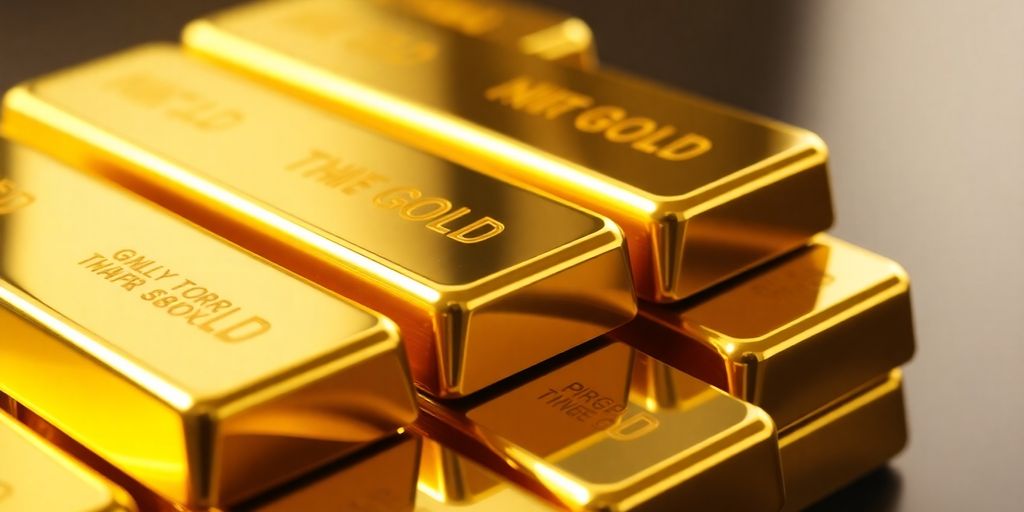 Lingots d'or empilés, reflet lumineux sur leur surface.