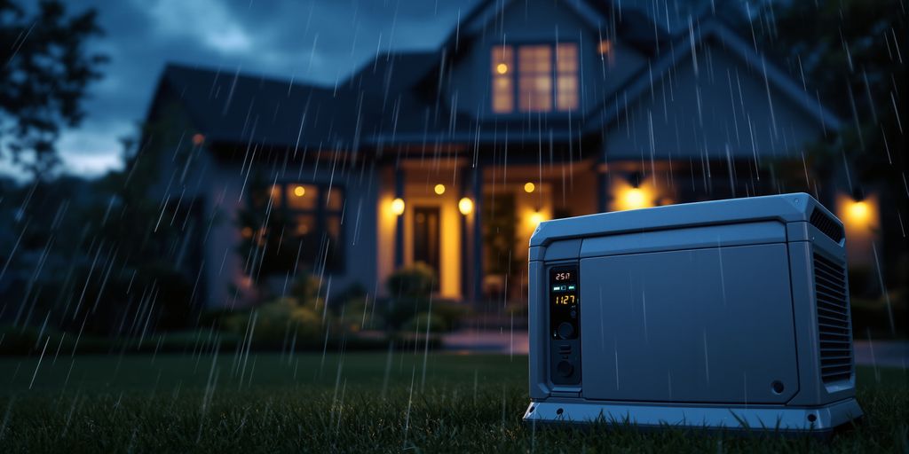 Home generator outside a house during a storm.