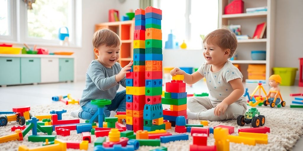 Dzieci bawią się zabawkami konstrukcyjnymi w jasnym pokoju.