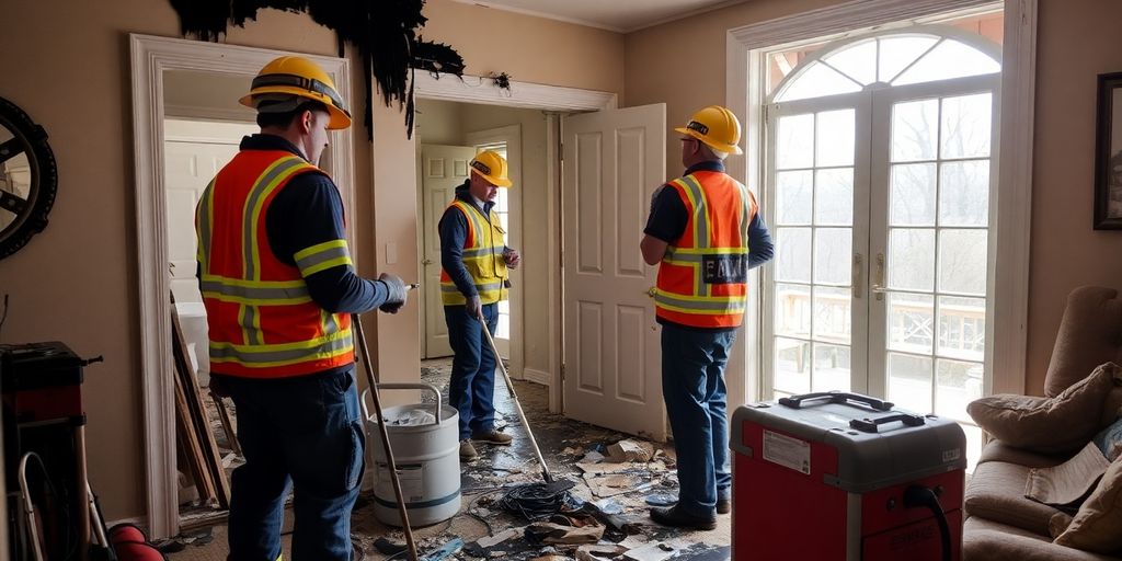 Fire restoration team working in a damaged home.