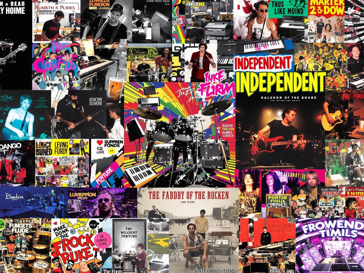 Collage of 2025 independent album covers and instruments.
