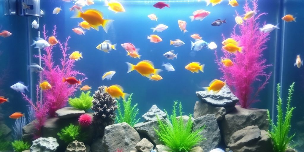 Peces coloridos nadando en un acuario bien iluminado.