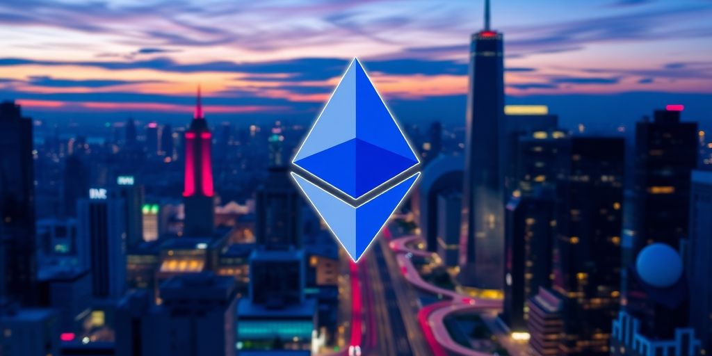 Logo di Ethereum su sfondo urbano futuristico al crepuscolo.
