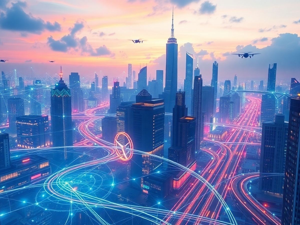 Futuristic cityscape with digital networks and neon lights.