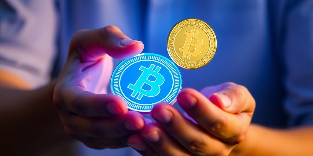 A person holding a glowing digital coin.