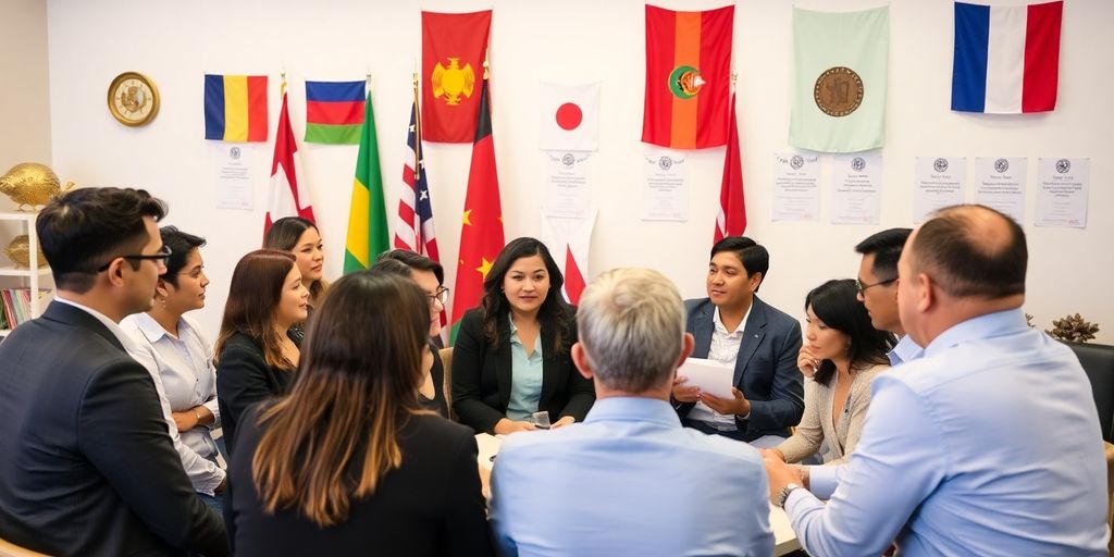 Diverse professionals discussing multilingual translation services.