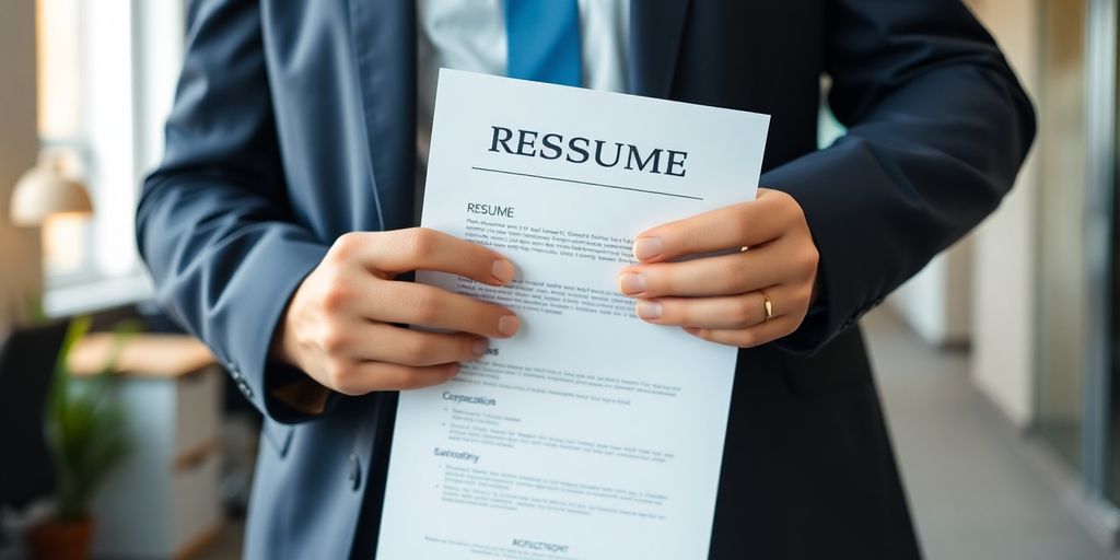 Professional standing, holding a glowing resume.