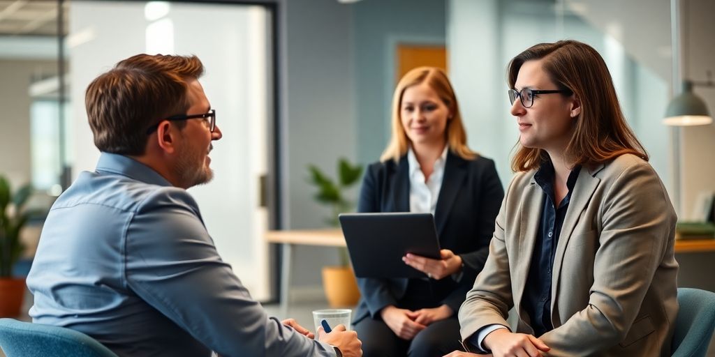 Der Bewerbungsprozess bei einem Personaldienstleister: Fragen & Antworten Vorstellungsgespräch zwischen Recruiter und Bewerber im Büro.