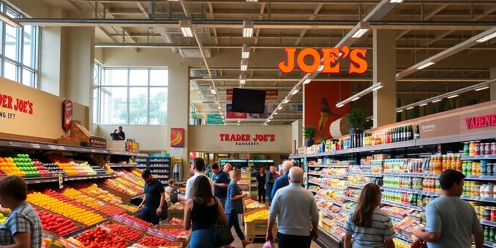 Inside a Trader Joe's, customers shop for groceries.